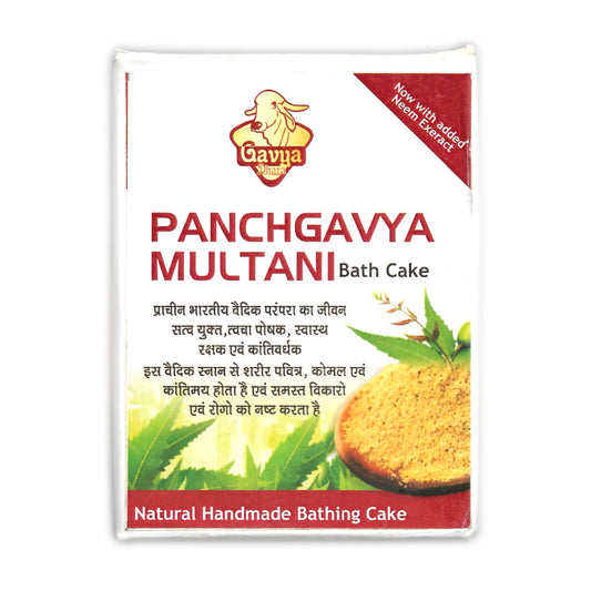 Packaging of Gavyadhara Panchagavya Multani Mitti Bath Soap by Gavya Dairy – natural handmade soap with neem extract, inspired by ancient Vedic tradition.