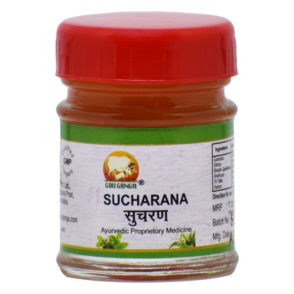 Jar of “Sucharana” Panchagavya Foot Cream by Gou Ganga with red lid and green-accented label. Branding highlights Ayurvedic proprietary medicine with key ingredients like Gomutra, Siktha, Shudh Gandhak, Sindhuram, and Til Tel. Label includes product name in English and Hindi, usage directions, and manufacturer details.