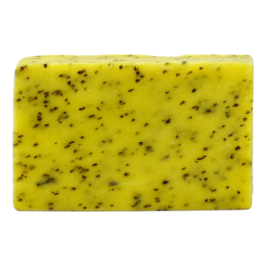 Yellow Gou Ganga Nirmal Ganga Neem Tulsi Ayurvedic handmade soap bar with visible herbal specks, natural exfoliating texture, chemical-free and cow-based Panchagavya formulation