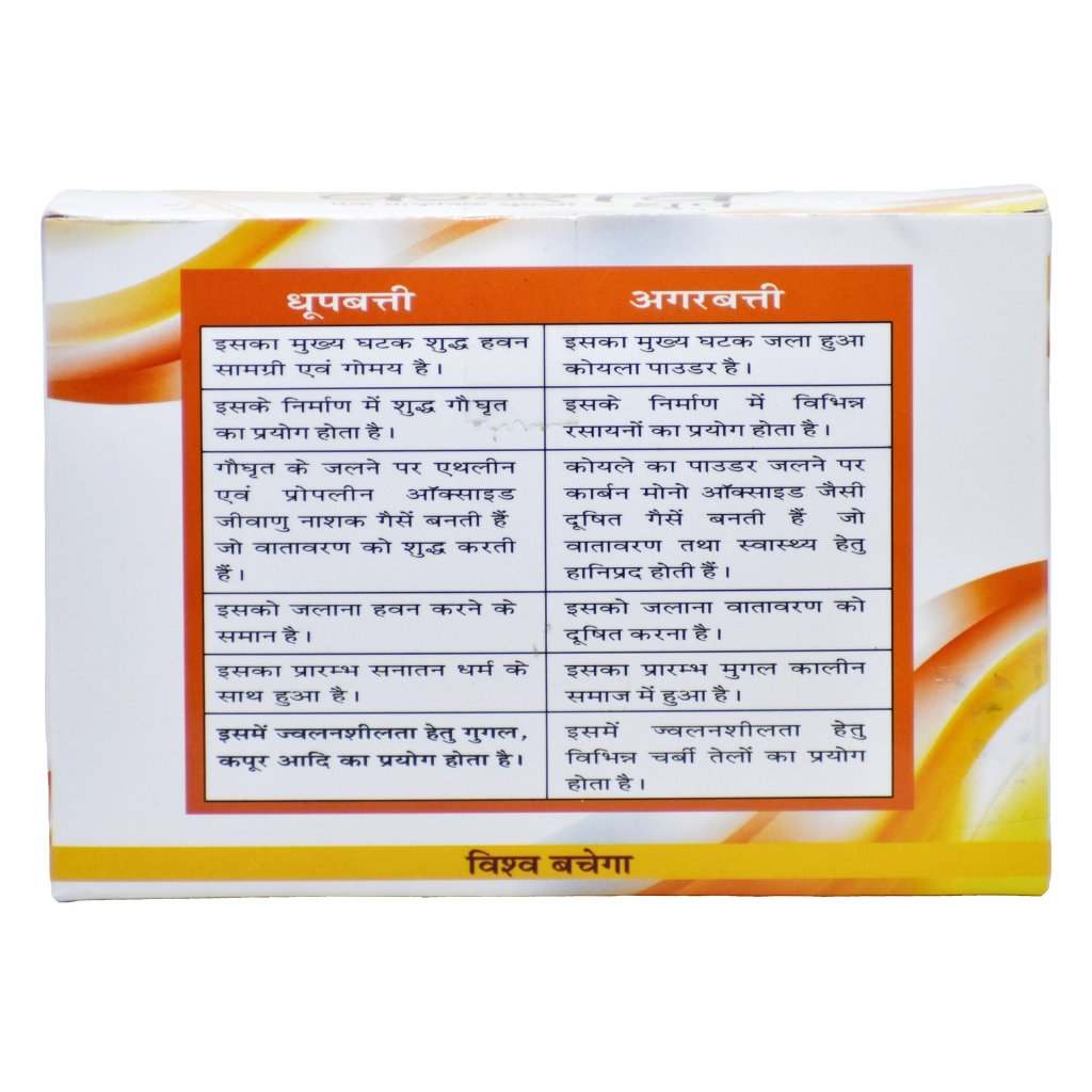 Comparison of keshav cow dung dhoop and traditional dhoop written on the back of the packet