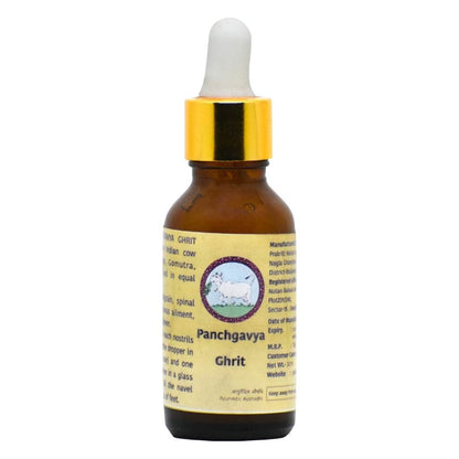 Brown glass bottle of Prakriti Panchagavya Nasal Drops with dropper cap, Ayurvedic remedy featuring Panchgavya Ghrit, cow illustration on yellow label, used for nasal health.