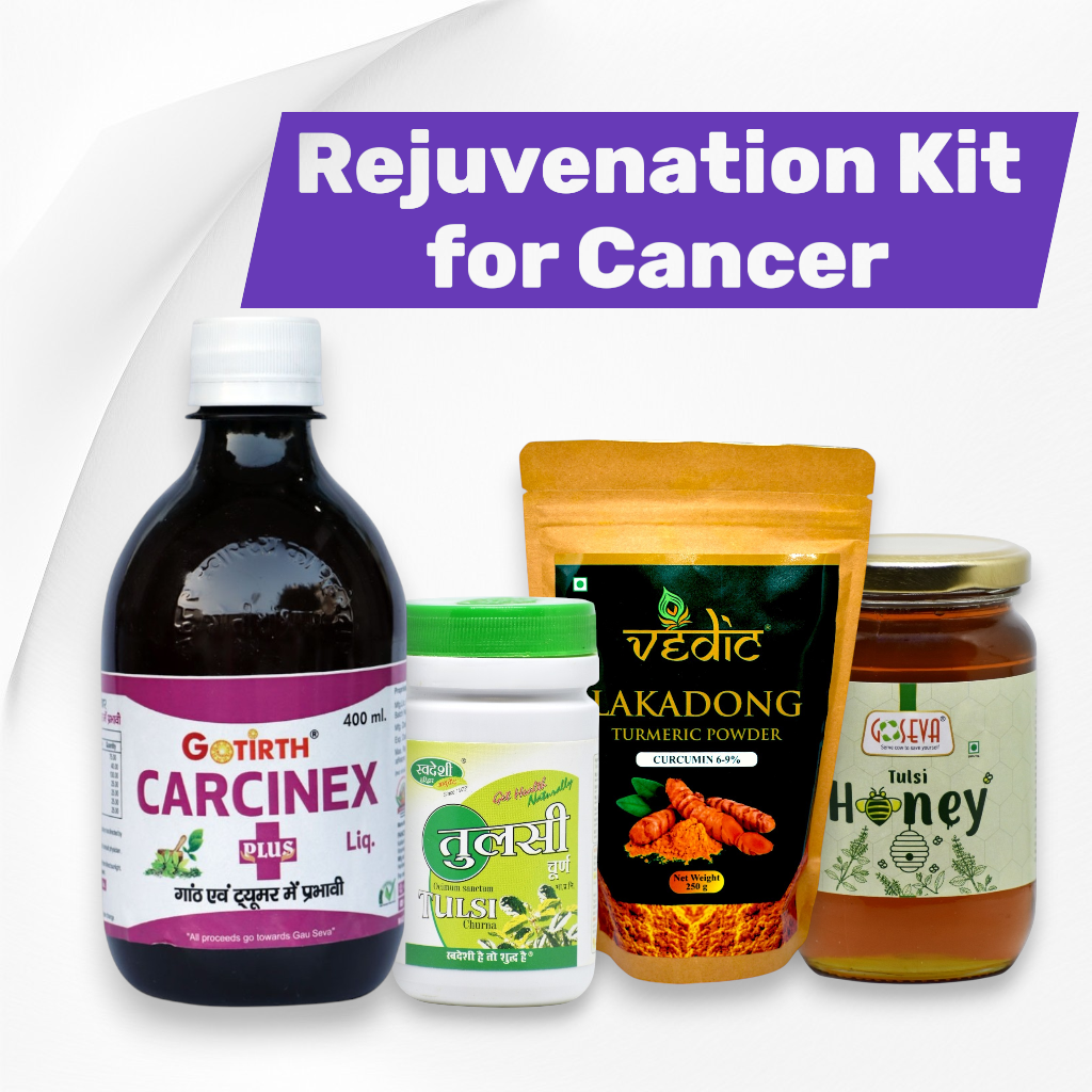 Image of 4 products - Carcinex ark plus, Tulsi Powder, Lakadong Turmeric 250 gm, and Tulsi Honey 400 gm.