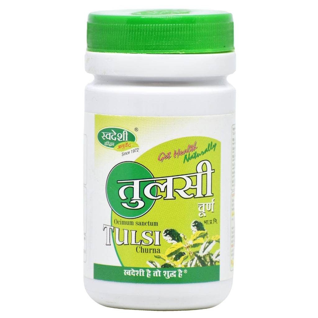 Swadeshi Tulsi Powder bottle of 80 gms. White coloured bottle with green cap.