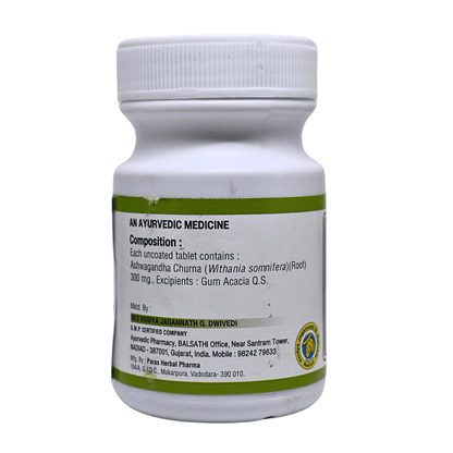 Ashwagandha Tablet bottle label detailing composition with 300 mg Ashwagandha Churna, manufacturer info from Vaidya Jagannath G. Dwivedi Ayurvedic Pharmacy, and contact details in Gujarat, India
