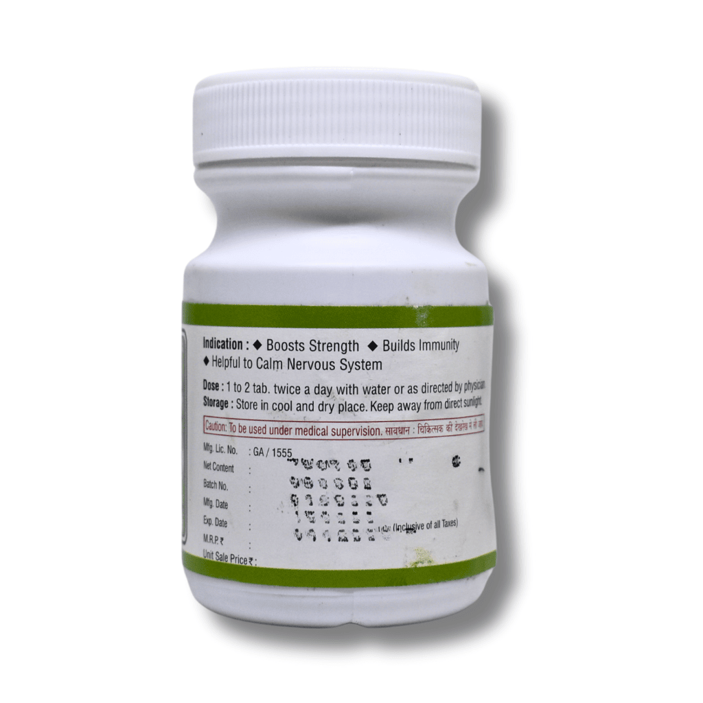 Ashwagandha Tablet label showing dosage, benefits like immunity and stress relief, storage instructions, and caution for supervised use.