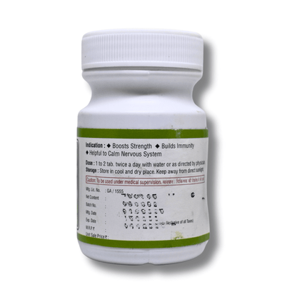Ashwagandha Tablet label showing dosage, benefits like immunity and stress relief, storage instructions, and caution for supervised use.