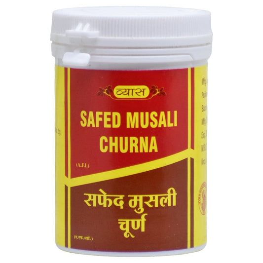 Vyas Safed Musali Churna container with white lid and bilingual label—featuring bold red and yellow design, English and Hindi product names, and Ayurvedic formulation (AFI) details for vitality and wellness.