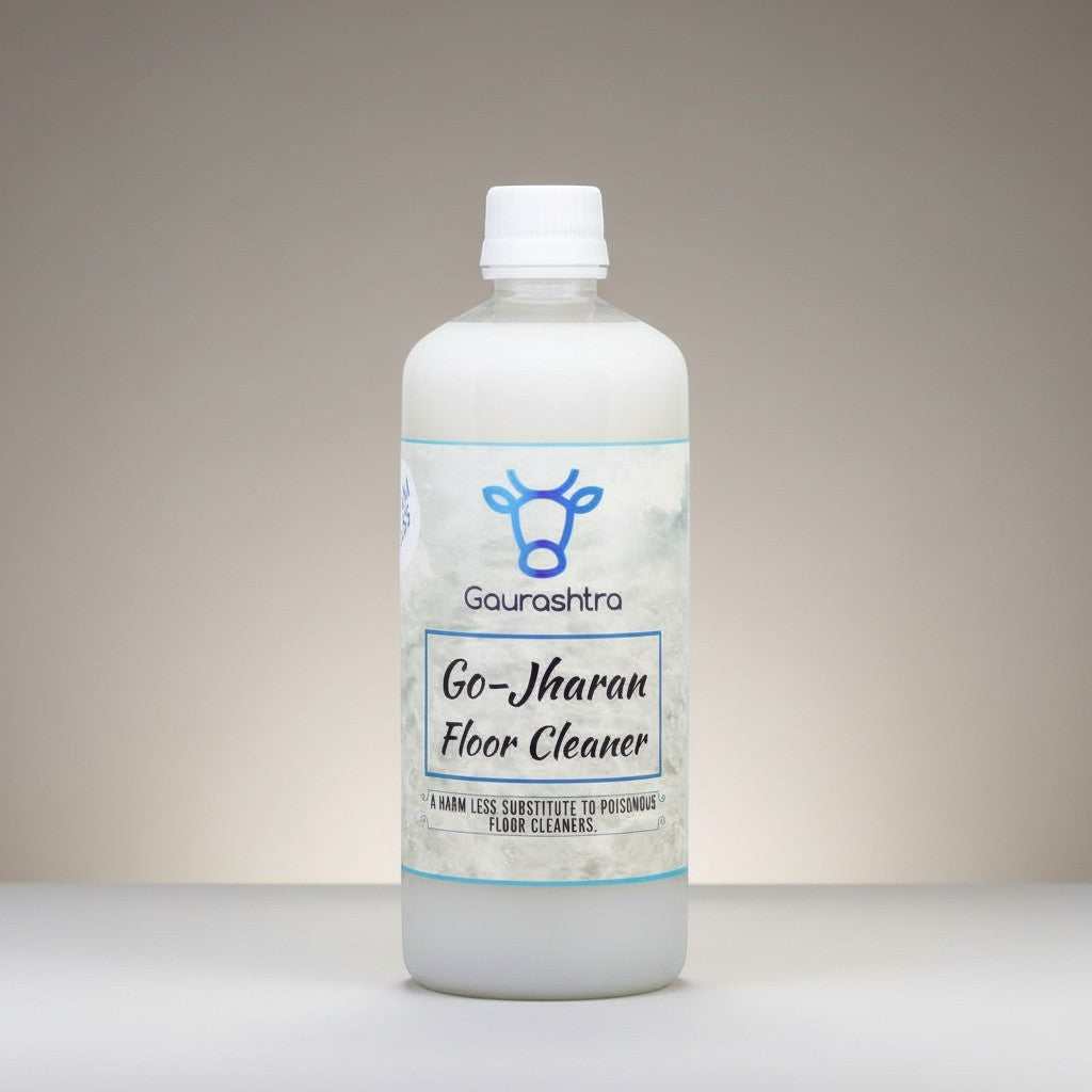 Gaurashtra Go-Jharan Floor Cleaner bottle with a cow logo. Natural, chemical-free cleaning solution.