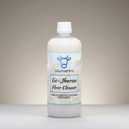 Gaurashtra Go-Jharan Floor Cleaner bottle with a cow logo. Natural, chemical-free cleaning solution.