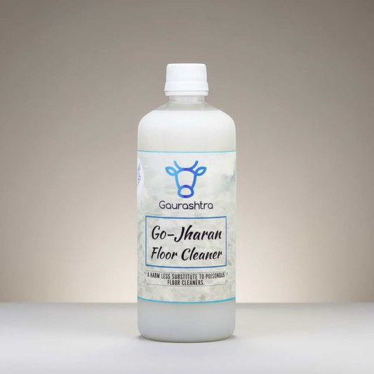 Gaurashtra Go-Jharan Floor Cleaner bottle with a cow logo. Natural, chemical-free cleaning solution.