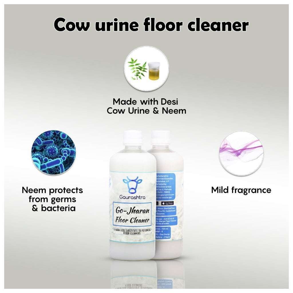 Gaurashtra Go-Jharan Cow Urine Floor Cleaner 500ml bottle, made with desi cow urine and neem, protects from germs & bacteria with mild fragrance.