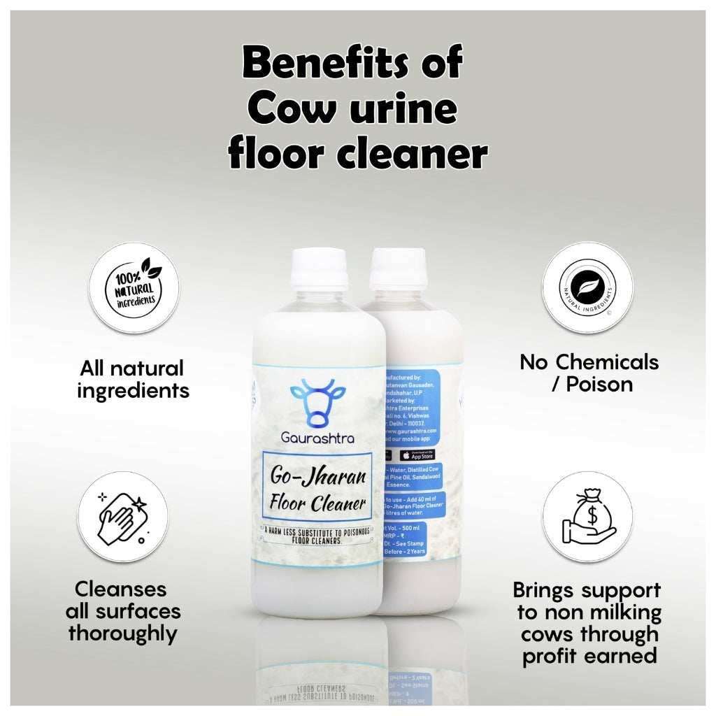 Gaurashtra Go-Jharan Cow Urine Floor Cleaner 500ml bottle, natural ingredients, no chemicals, cleans surfaces.