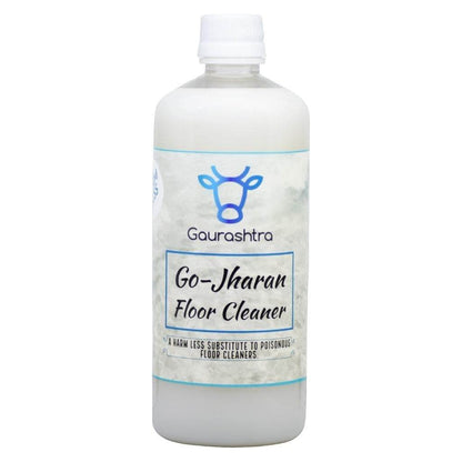 Gaurashtra Go-Jharan Floor Cleaner bottle, a white liquid cleaner with a blue cow logo and text.