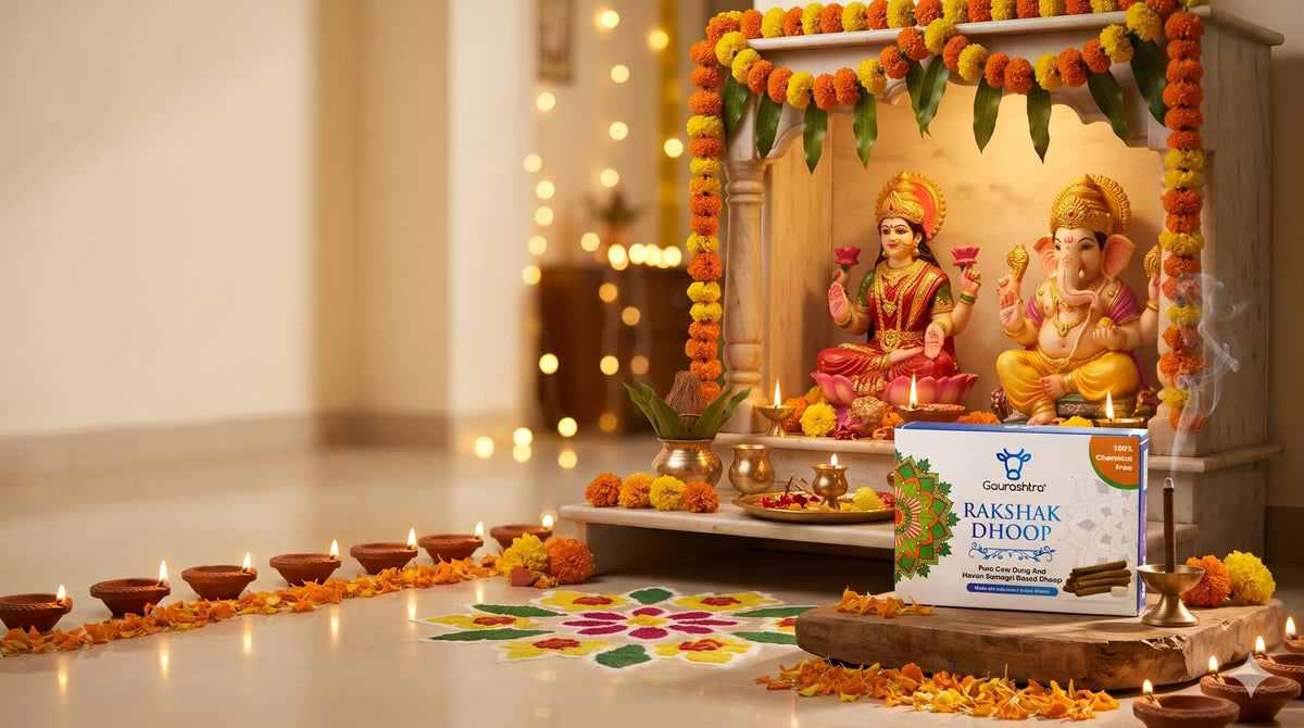 Gaurashtra Rakshak Dhoop displayed in a traditional Diwali pooja setting with Mata Lakshmi and Shri Ganesh ji, glowing diyas, marigold flowers and rangoli.